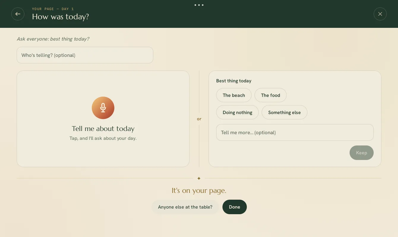 The first-evening memory saved screen: 'How was today?' led to a line the family kept, and the page shows its first entry.