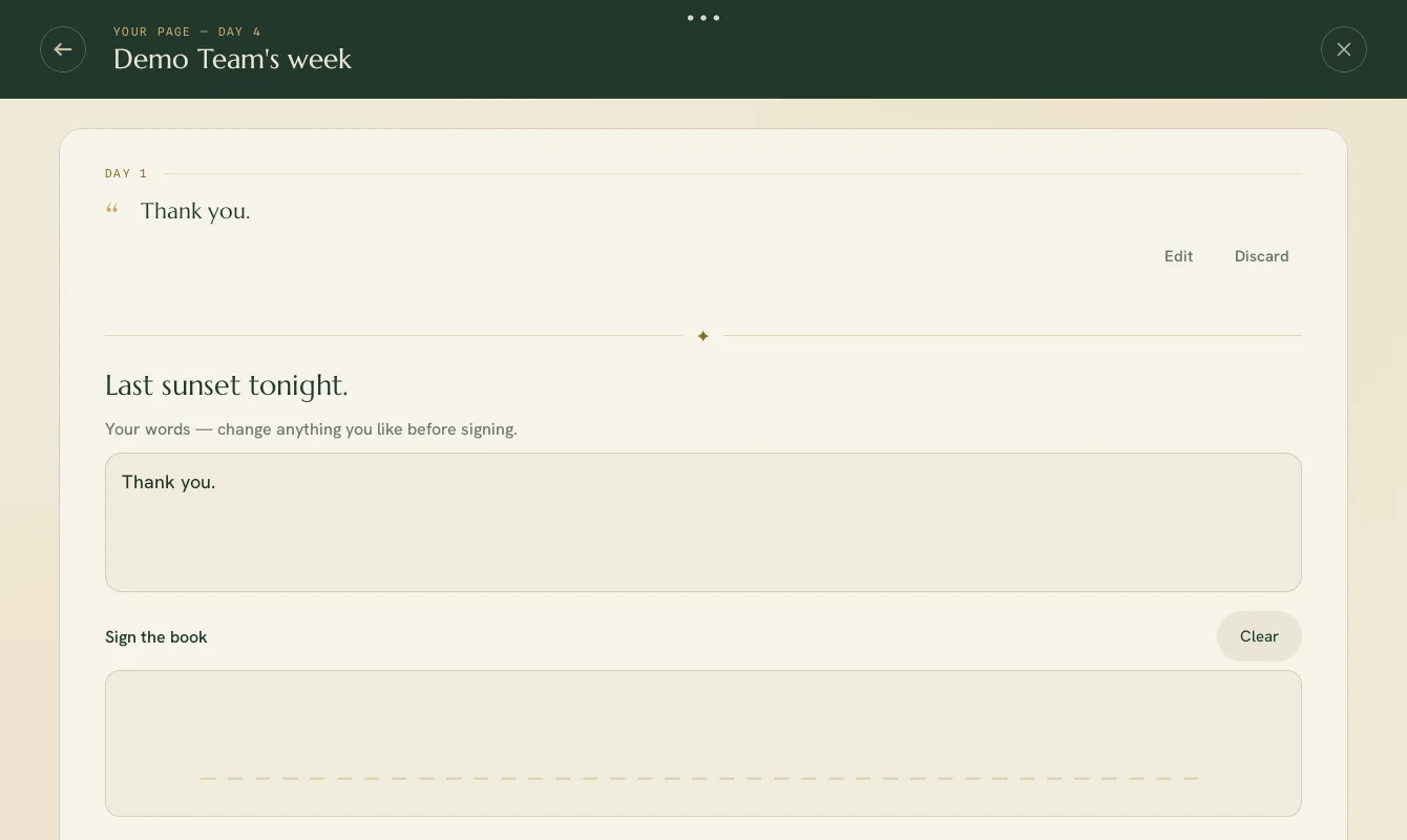 The last-evening assembly: the week laid out as a finished page, ready to read, edit and sign with a finger.