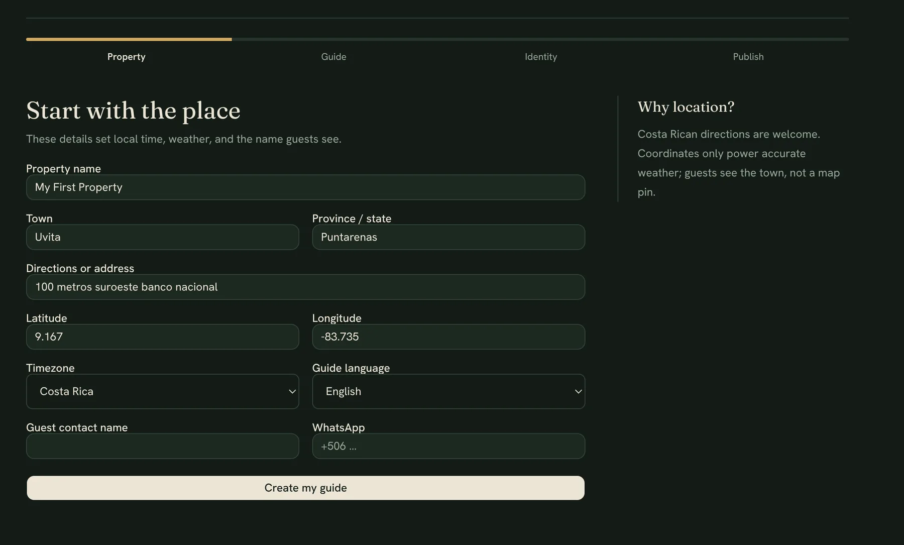 The focused free guide setup screen with property location, language and host contact fields