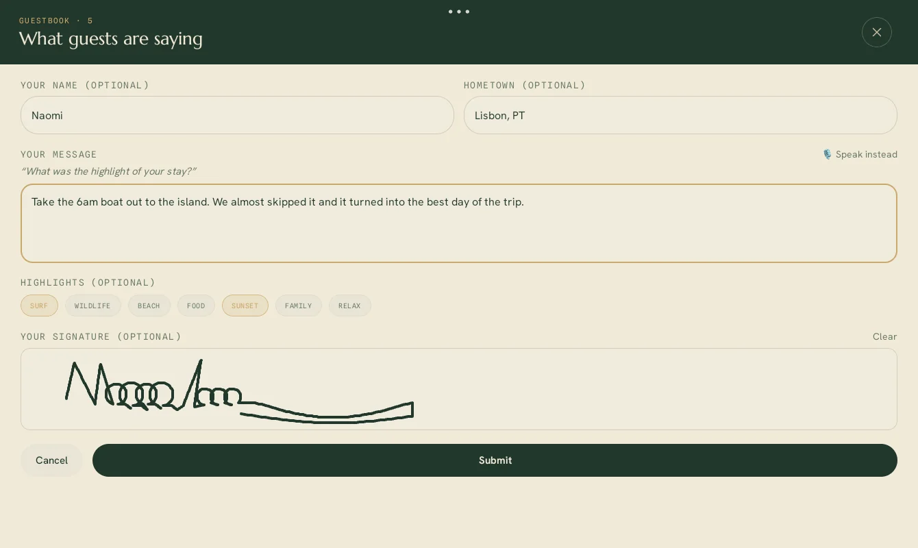 The guestbook: a stay assembled into a single page of lines, signed by the guests.