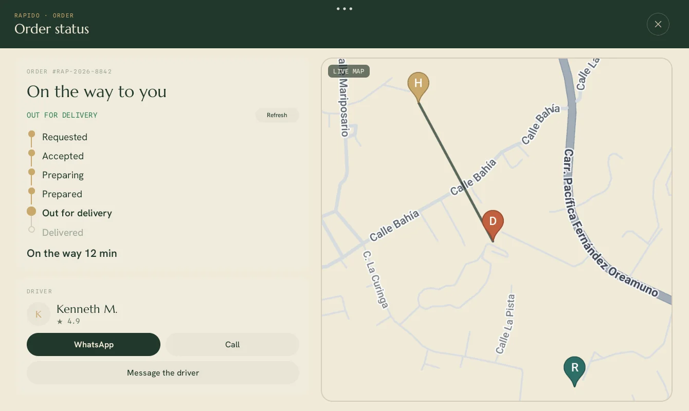 A delivered order: one tap confirmed it and it rolled to the gate with live tracking — this is where the host's share comes from.