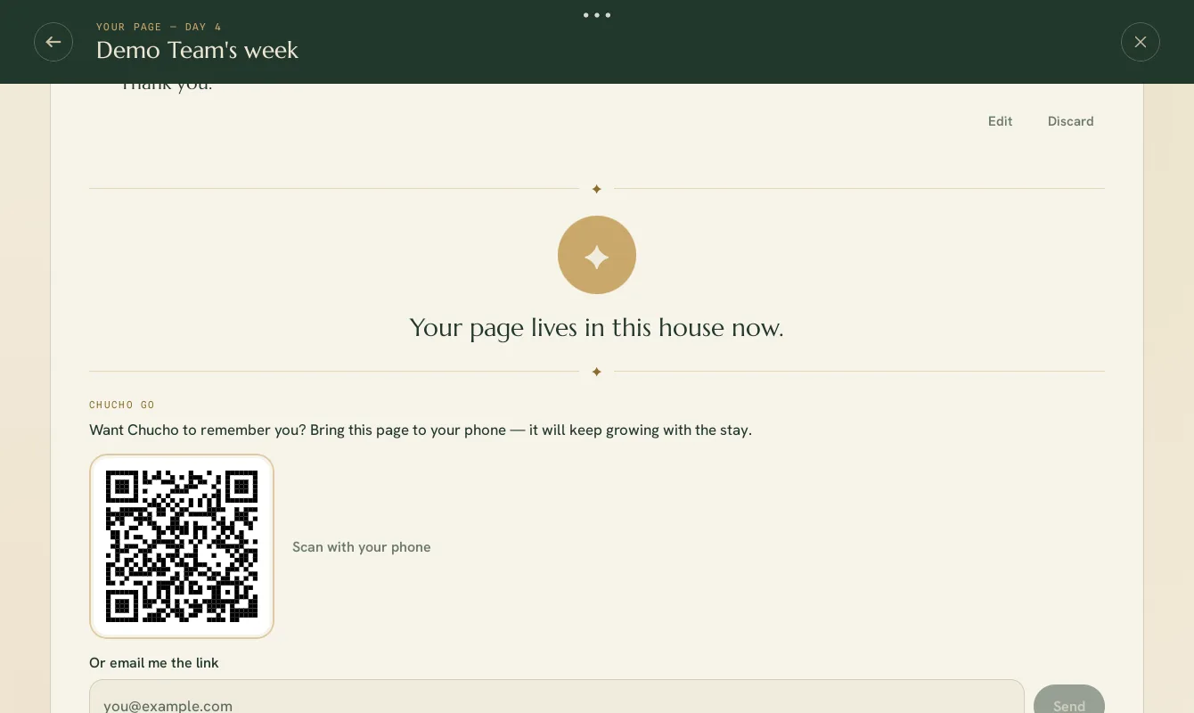 The sealed page on the last evening: the week's entries above a line reading "Your page lives in this house now", with a QR code and an email field offering to carry the page onto the guest's phone.