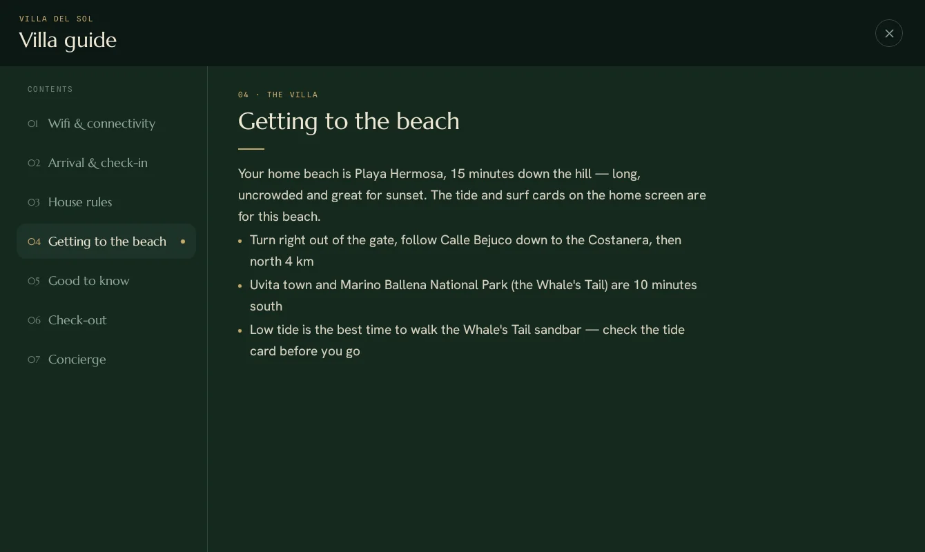 The villa guide laid out as a book spread, with numbered chapters for Wi-Fi, check-in, house rules and directions to the beach.