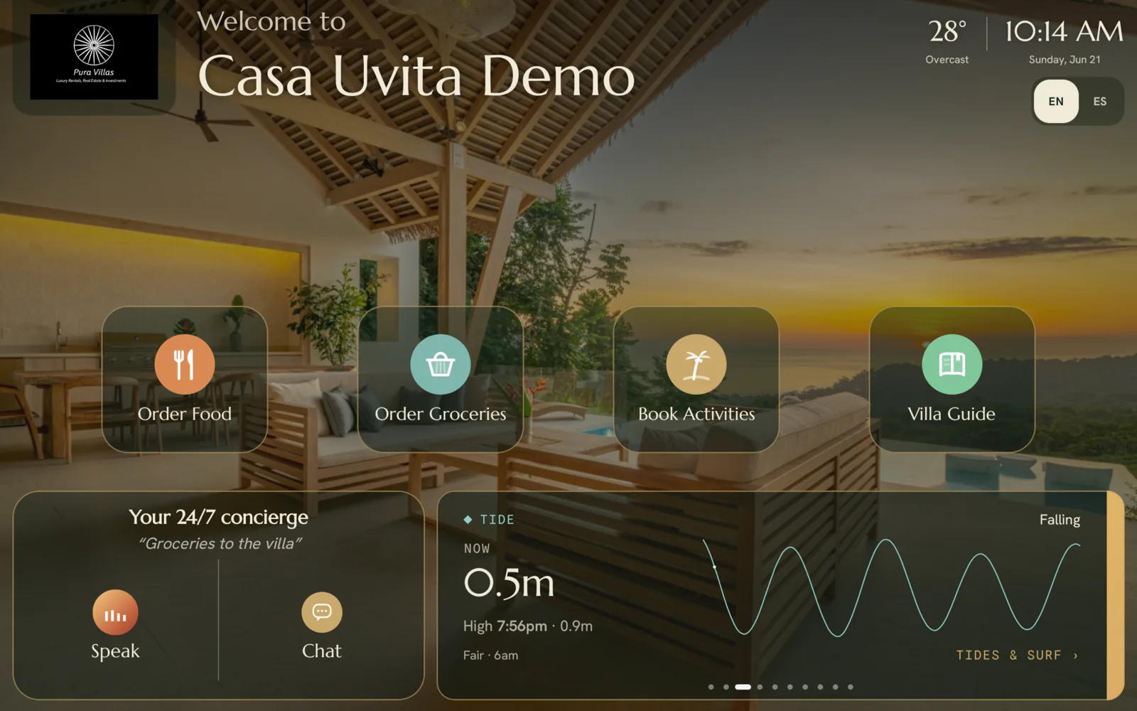 The same welcome on a tablet in the property at dusk: the house name across the top, tiles for food, groceries, activities and the house guide, and today's weather and time.