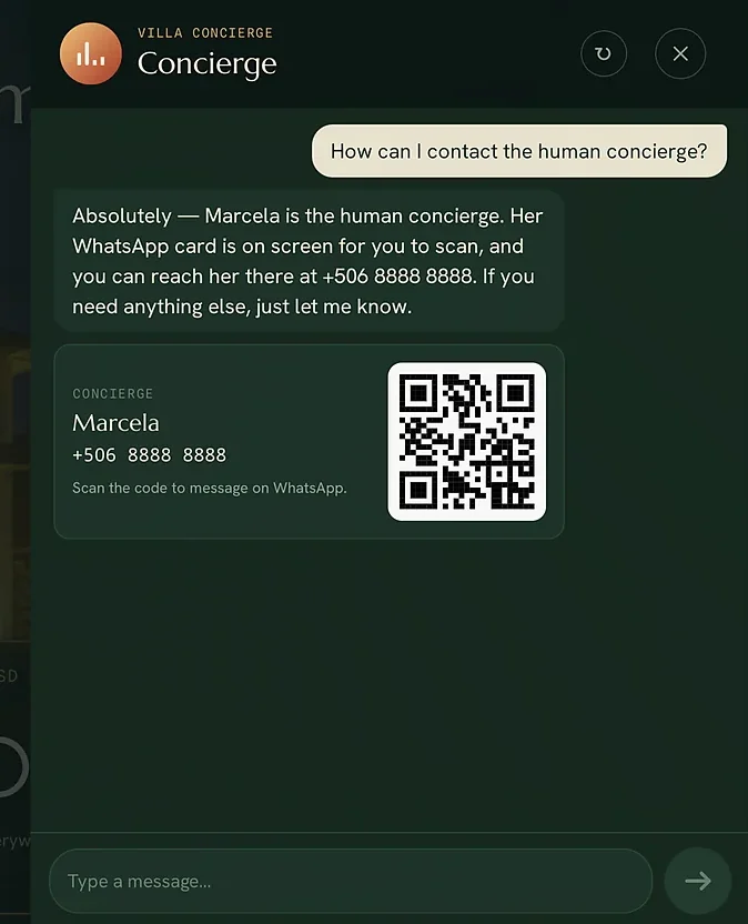The concierge handing the conversation over to a human and offering to reach the villa's own team.