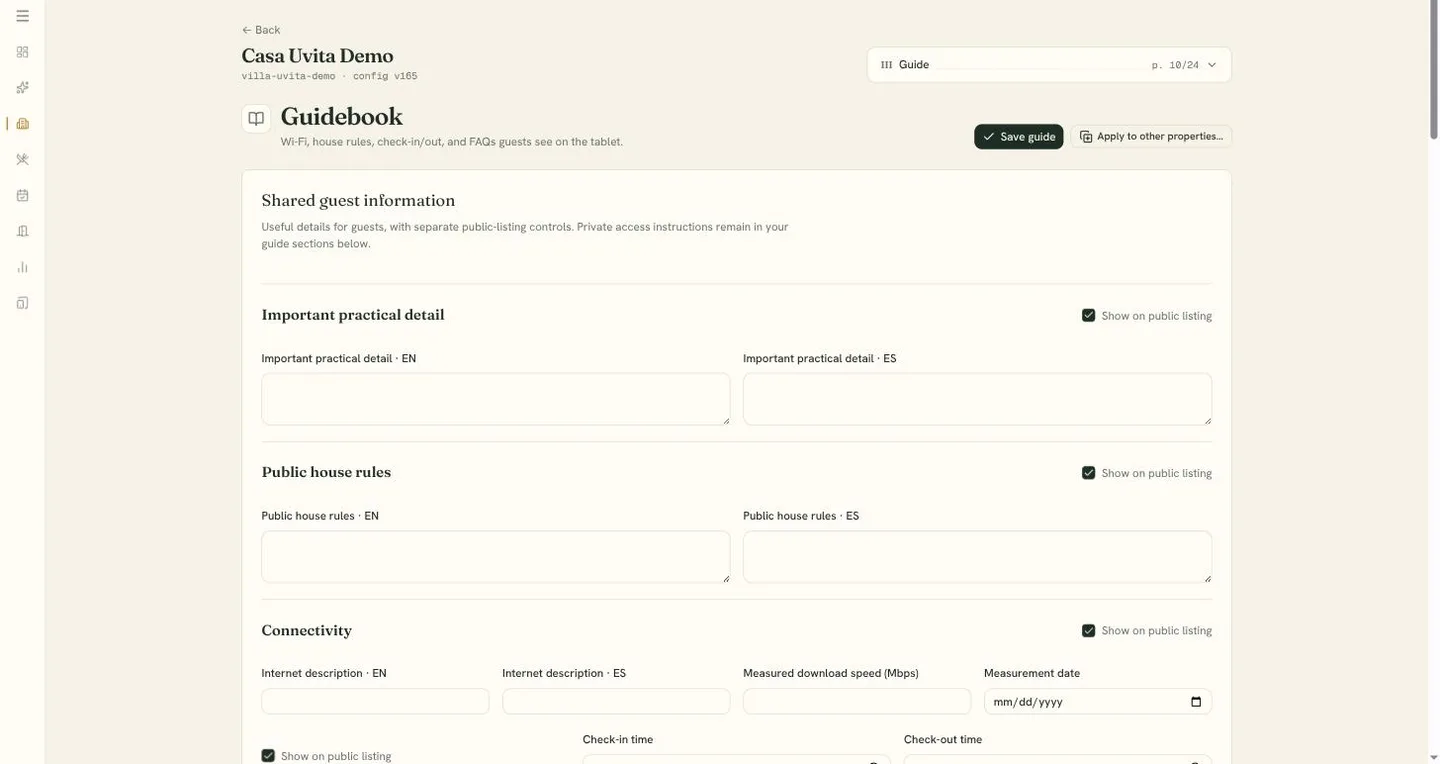 The guidebook editor in the console: shared guest information with English and Spanish fields for practical details, house rules and connectivity, each with a “Show on public listing” checkbox.