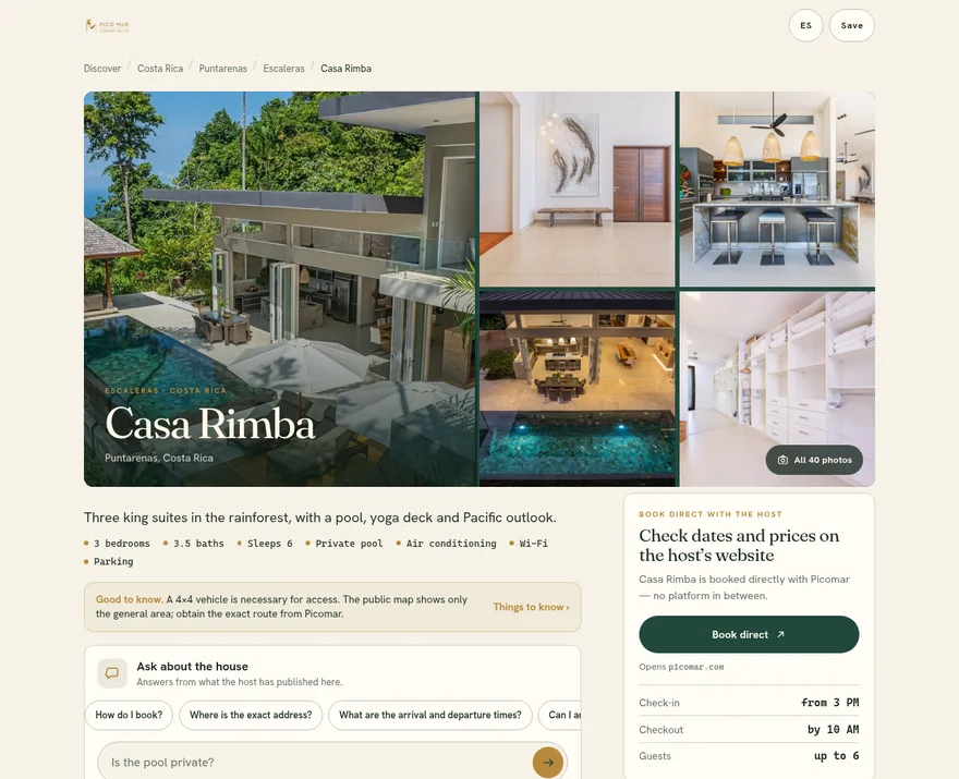 The public property page for Casa Rimba on a laptop: photo grid, a one-line description, bedrooms, baths and amenities, an Ask box, and a panel that sends guests to book direct on the host's own website.