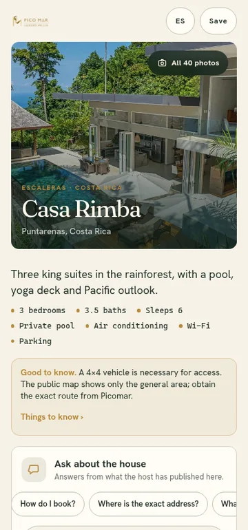 The public page for Casa Rimba on a phone: the house photo and name, three bedrooms, 3.5 baths, sleeps six, a good-to-know note about the access road, and an Ask box with the questions earlier guests asked.