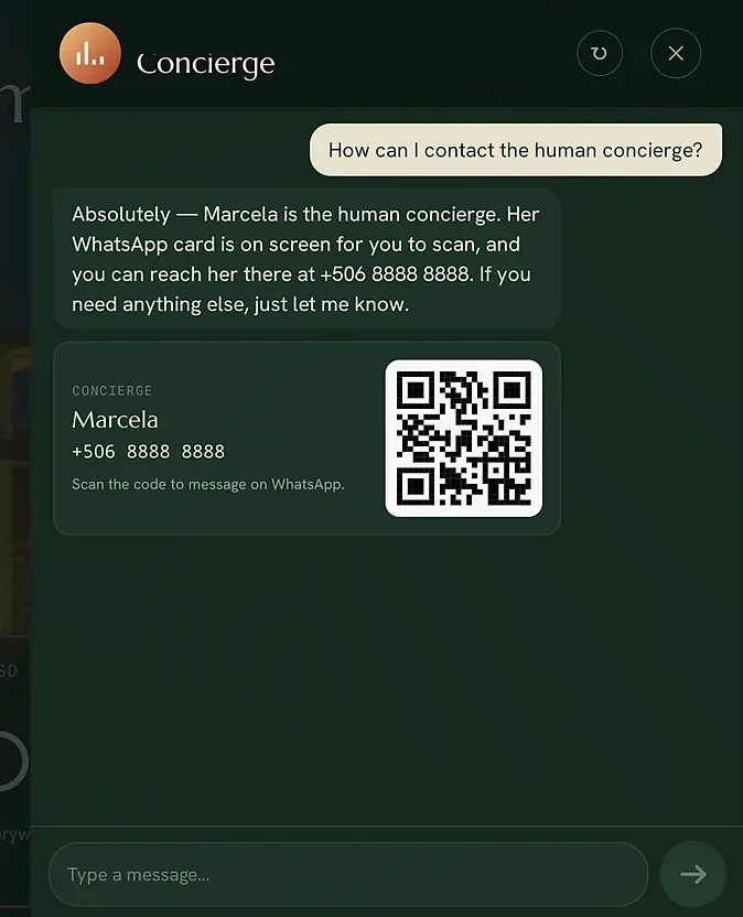 A guest asking to reach the human concierge, and the answer: the concierge's name, a WhatsApp number and a QR code to message her, handed over with the conversation's context.