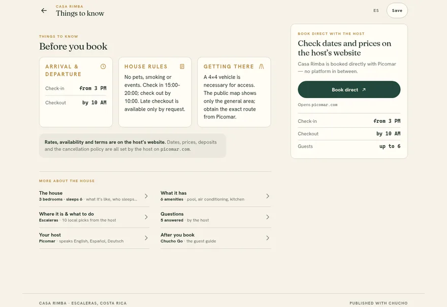 The Things to know page for the same home: arrival and departure times, house rules, how to get there, and a note that rates, availability and terms are on the host's website.