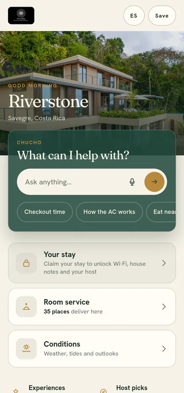 Chucho Go on a guest's phone: a photo of the house, a good-morning greeting for Riverstone in Savegre, an ask box, and cards for the stay, room service and local conditions.
