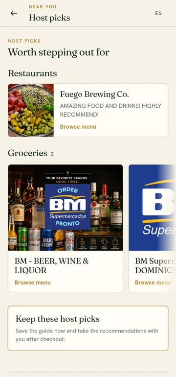 The host picks screen: a restaurant the host recommends with their own note and a browse-menu link, then two grocery stores, and an offer to keep the picks after checkout.