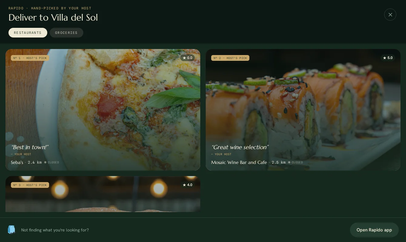 A 'Deliver to Villa del Sol' overlay showing the host's hand-picked restaurants as large photo cards, each with the host's own note, the distance and open or closed status.
